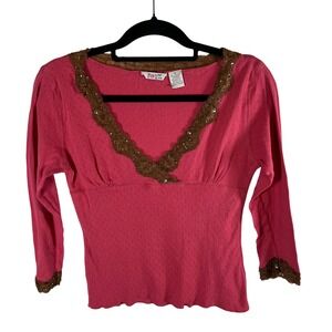 Pout Pink Pointelle Knit VNeck Top Brown Lace Sequin Trim XL Long Sleeve Vintage